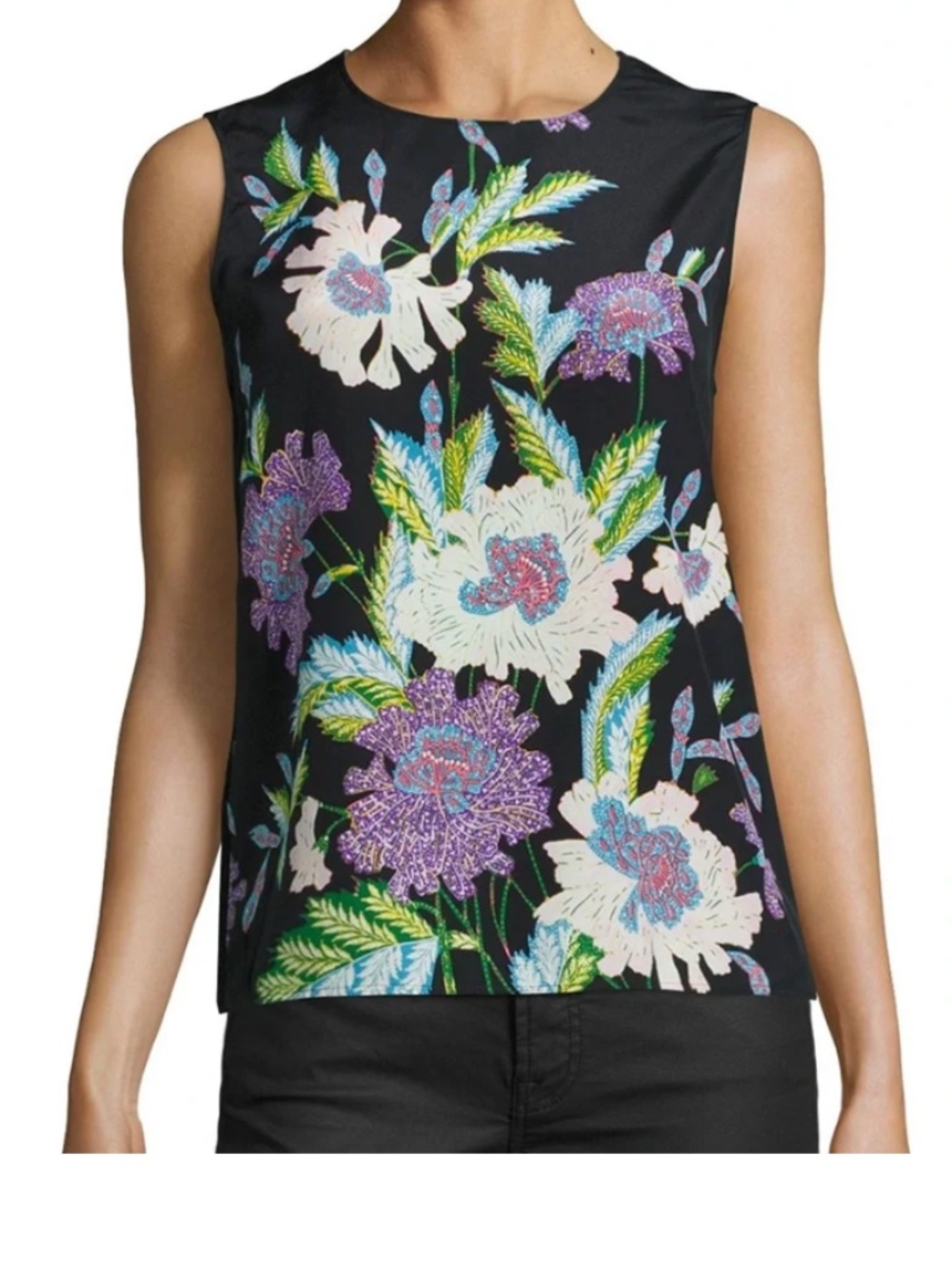 Diane Von Furstenberg, Black, Floral Silk Sleeveless Top, XS/S (P)